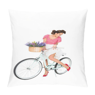 Personality  Attractive Pin Up Woman On Retro Bicycle Isolated On White Pillow Covers