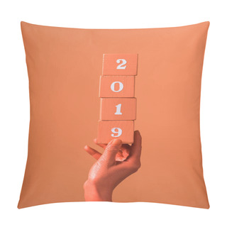 Personality  Partial View Of Woman Holding Coral Wooden Cubes With 2019 Numbers On Coral Background, Color Of 2019 Concept Pillow Covers