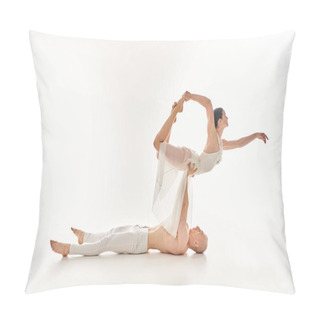 Personality  A Shirtless Young Man And A Woman In A White Dress Showcase Their Acrobatic Dance Moves In Perfect Sync Against A White Background. Pillow Covers