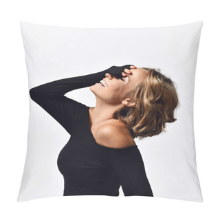 Personality  Portrait Of Blonde Woman Young Actress In Black Dress Standing With Her Palm Covering Her Face And Head Back And Laughs Pillow Covers