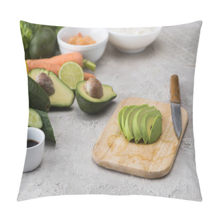 Personality  Cut Avocado On Cutting Board With Knife Among Raw Ingredients  Pillow Covers
