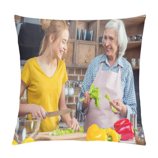 Personality  Granddaughter And Grandmother Cooking Together Pillow Covers