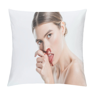 Personality  Naked Woman With Injury On Face Licking Blood From Hand Isolated On White Pillow Covers