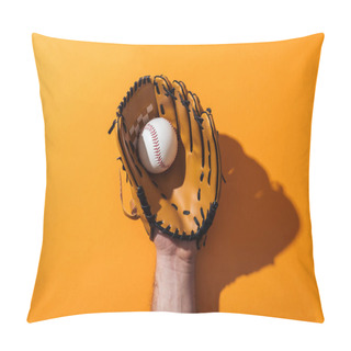 Personality  Cropped View Of Man Holding Softball In Brown Baseball Glove On Yellow  Pillow Covers