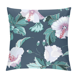 Personality  Bouquet Of White Hibiscus Flowers And Tropical Leaves On White Background, Seamless Pattern Pillow Covers