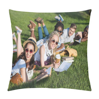 Personality  Multiethnic Students Reading Books In Park Pillow Covers