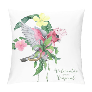 Personality  Beautiful Floral Exotic Illustration With Pink And Grey Cockatoo Parrot, Tropical Leaves. Hand Drawn Watercolor Isolated On White Background Pillow Covers