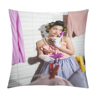Personality  Asian Young Woman With Hair Curlers Standing In Pink Ruffled Top, Pearl Necklace And White Gloves, Talking On Purple Retro Phone And Standing Near Clean Laundry Handing Near White Tiles, Housewife  Pillow Covers