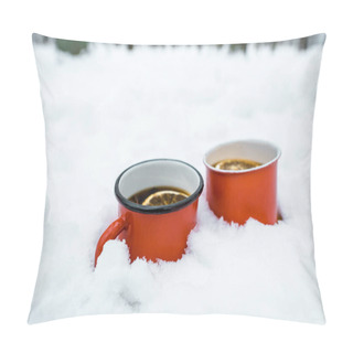 Personality  Two Cups Of Tea With Lemons Standing On White Snow Near Trees In Snowy Forest Pillow Covers