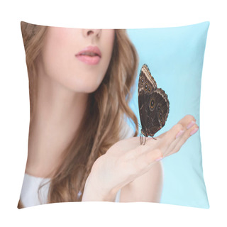 Personality  Cropped Shot Of Beautiful Young Woman With Butterfly On Hand Isolated On Blue Pillow Covers