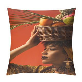 Personality  Portrait Of Young African American Woman Holding Basket With Exotic Fruits On Head And Looking Away On Red Pillow Covers