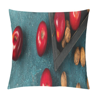 Personality  Black Wooden Tray And Red Apples With Walnuts On Blue Textured Surface, Thanksgiving Harvest, Banner Pillow Covers