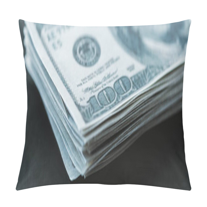 Personality  Panoramic Shot Of Stack With Dollar Banknotes On Black  Pillow Covers
