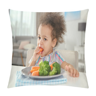 Personality  Cute African-American Girl Eating Vegetables At Table In Living Room Pillow Covers