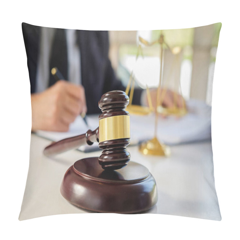 Personality  Judge gavel with Justice lawyers having team meeting at law firm in background. Concepts of law. pillow covers