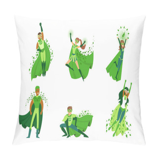 Personality  Eco Superhero Character Wearing Green Waving Cloak And Mask Vector Set Pillow Covers