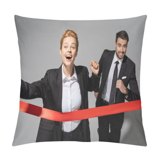 Personality  Overjoyed Businesswoman Screaming Near Finish Ribbon And Competitor Running On Grey Background Pillow Covers