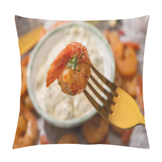 Personality  Selective Focus Of Fried Shrimp On Golden Fork Pillow Covers