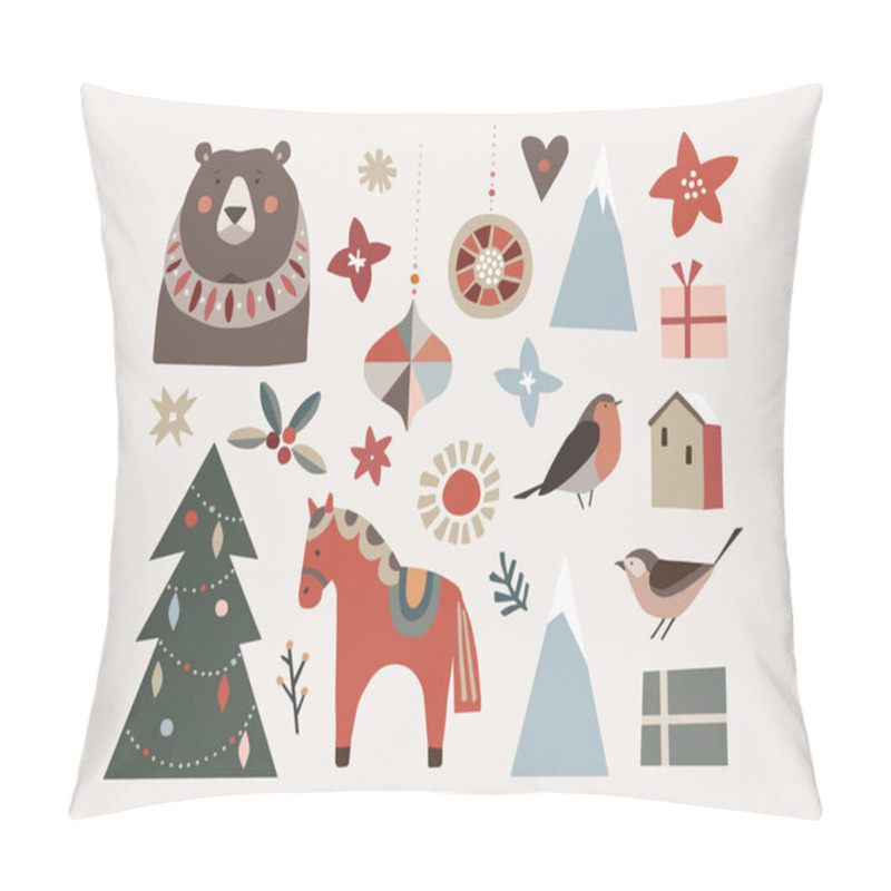 Personality  Set of Christmas Scandinavian animals and natural elements. Dala horse, finch birds, bearChristmas ornametns, tree and flowers. House with gift boxes. Nordic retro design, isolated vector illustration pillow covers