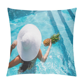 Personality  Overhead View Of Woman With Pineapple Holding Sun Hat In Pool  Pillow Covers