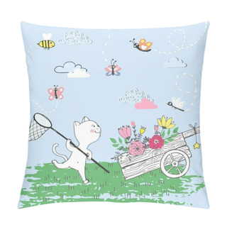 Personality  Vector Hand Drawn Illustration Of Cute White Cat Catches Flying Insects With Butterfly Net, Summer Day, Lovely Card Drawn With Colored Crayons, Wood Cart With Flowers Pillow Covers