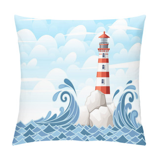 Personality  Stormy Sea With Lighthouse On Rock Stones Island. Nature Or Marine Design. Flat Style. Vector Illustration With Sky And Clouds Background Pillow Covers