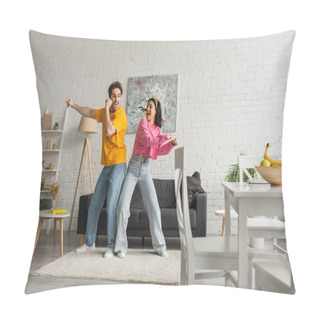 Personality  Smiling Young Couple In Casual Clothes Dancing In Modern Loft Pillow Covers