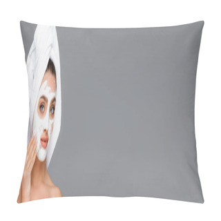 Personality  Woman With Towel On Head Rinsing Clay Mask Off Face With Cotton Pad Isolated On Grey, Banner Pillow Covers