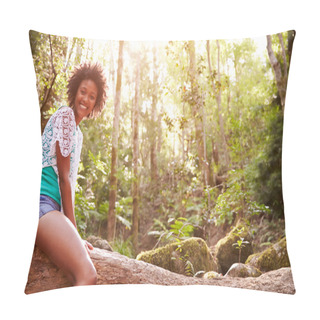 Personality  Woman Sitting On Tree Trunk In Forest Pillow Covers