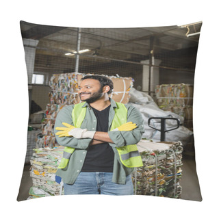 Personality  Positive Indian Sorter In Protective Gloves And Vest Crossing Arms While Standing Near Waste Paper On Hand Pallet Truck In Blurred Waste Disposal Station, Garbage Sorting And Recycling Concept Pillow Covers