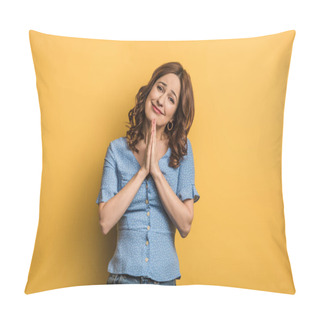 Personality  Smiling Girl Showing Praying Hands While Looking At Camera On Yellow Background Pillow Covers