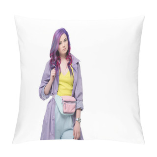 Personality  Attractive Young Woman With Purple Hair In Trench Coat With Waist Pack Isolated On White Pillow Covers