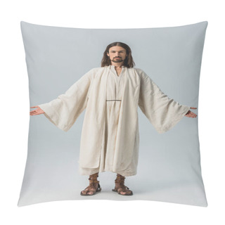 Personality  Handsome Bearded Man In Jesus Robe Standing With Outstretched Hands On Grey Pillow Covers