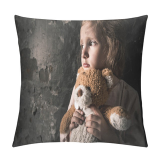 Personality  Upset Kid Holding Teddy Bear In Dirty Room, Post Apocalyptic Concept Pillow Covers
