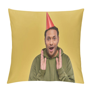 Personality  Astonished Young Indian Man In Birthday Hat And Khaki Hoodie With Hands Closer To Face, Birthday Pillow Covers