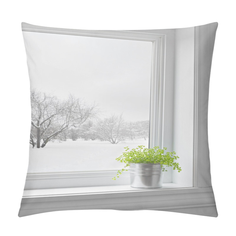 Personality  Green Plant And Winter Landscape Seen Through The Window Pillow Covers