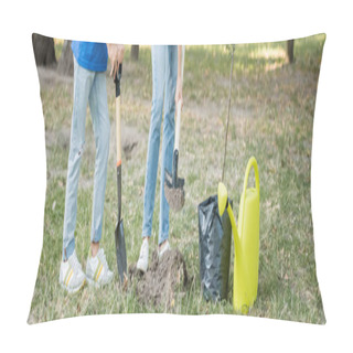 Personality  Cropped View Of Couple Digging Ground Near Young Tree And Watering Can, Ecology Concept, Banner Pillow Covers