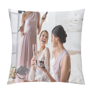 Personality  Excited Bride Laughing Near Interracial Friends Holding Decorative Cosmetics Pillow Covers