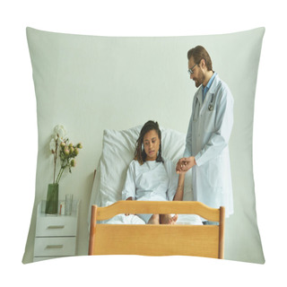 Personality  Bearded Doctor In Glasses Holding Hand Of African American Woman In Hospital Gown, Private Ward Pillow Covers