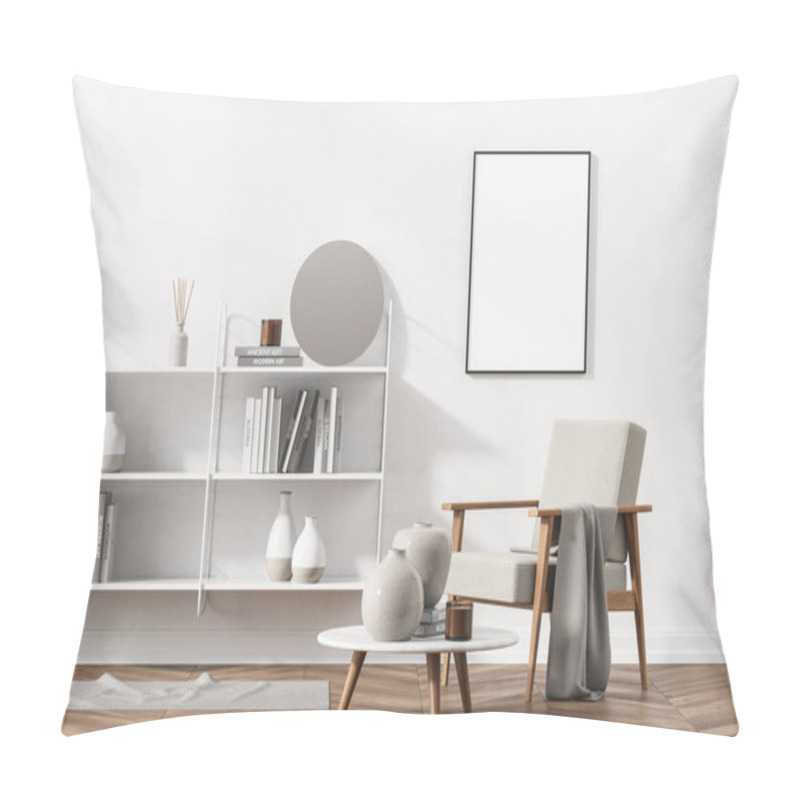 Personality  White living room, study or home library interior. Wooden floor, classic bookshelves with a round mirror standing on it, an armchair and round coffee table. Vertical mock up poster frame. 3d rendering pillow covers