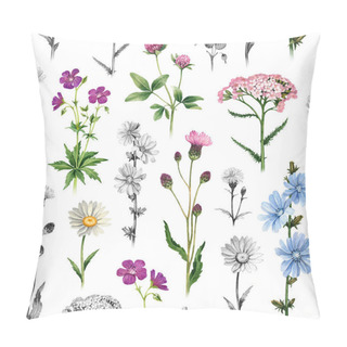 Personality  Watercolor Illustrations Of Wild Flowers. Seamless Pattern Pillow Covers