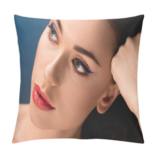 Personality  Portrait Of Beautiful Pensive Woman With Glamorous Makeup Isolated On Blue Pillow Covers