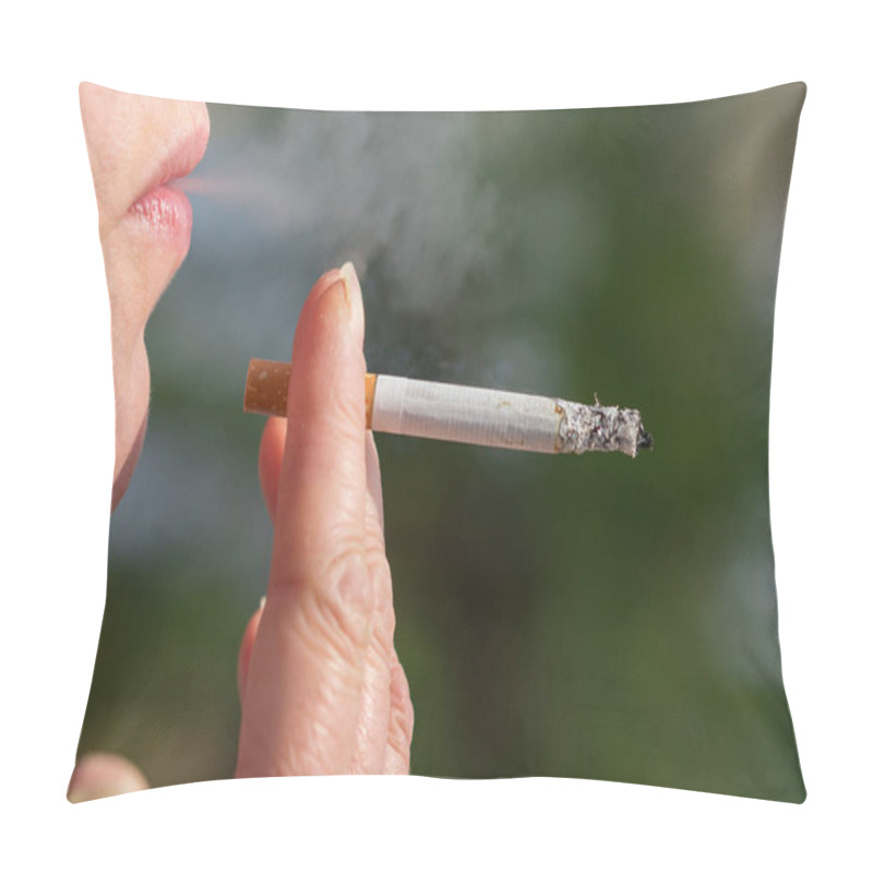 Personality  Middle Age Woman Smoking Cigarette Outdoors With Sun On Her Face. Close Up Of A Girl With A Cigarette In Her Mouth With Space For Copy Or Text.Blurred Background.Side View Portrait. Pillow Covers