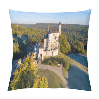 Personality  Medieval Castle In Bobolice, Poland, Built In 14th Century, Renovated In 20th Century. One Of Strongholds Called Eagles Nests In Polish Jurassic Highland In Silesia. Aerial View In Sunrise Light Pillow Covers