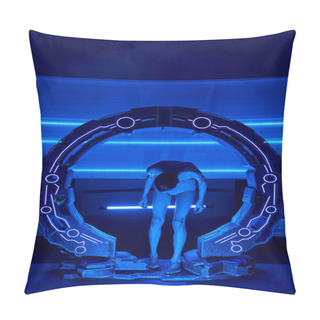 Personality  Scientific Exploration, Humanoid Alien Looking At Legs In Experimental Device In Discovery Center Pillow Covers