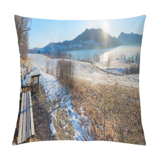 Personality  Frozen Lake Tegernsee And Bavarian Mountains, Tourist Resort Grmund, View From Lookout Place With Benches, Morning Landscape In Winter Pillow Covers