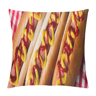 Personality  Close Up View Of Tasty Hot Dogs With Mustard And Ketchup On Plaid Tablecloth, Banner Pillow Covers