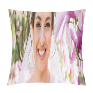 Personality  Young Brunette Bride In Veil Looking At Camera Near Blooming Magnolia, Banner  Pillow Covers