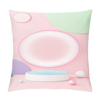 Personality  Stage Podium Display Kid Cute. Neon Light Frosted Glass Colorful Circle Backdrop With Sphere Ball On Pink Background. Pedestal Place Fashion, Cosmetic Skincare Or Beauty Product. 3D Illustration. Pillow Covers
