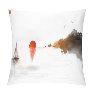 Personality  Oriental Sunrise Seascape With Fishing Sailboat, Red Sun And Rocky Coast With Trees. Traditional Oriental Ink Painting Sumi-e, U-sin, Go-hua. Hieroglyph - Happiness Pillow Covers